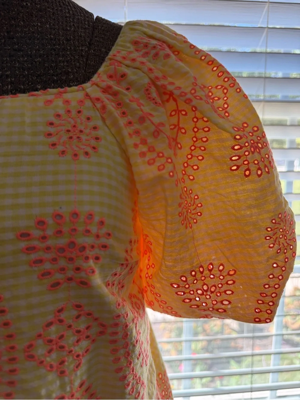 Lilly Pulitzer Yellow Eyelet Puff-Sleeve Top with Coral Embroidery